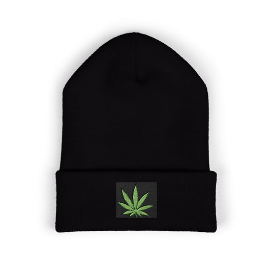Black beanie with a green cannabis leaf patch.