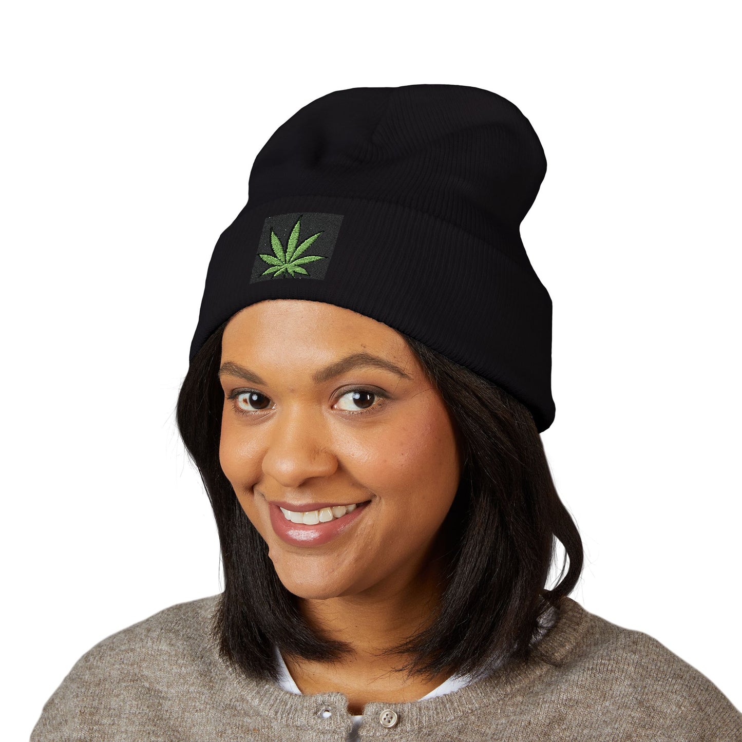 Embroidered Cannabis Leaf Cuffed Beanie — Classic Knit Winter Hat