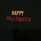 Black shirt with 'Happy Halloween' text in orange and red