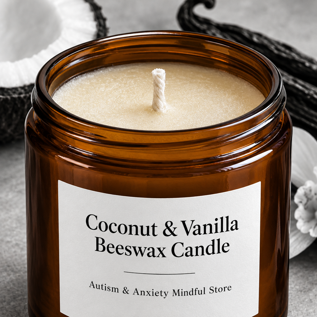Close detail of amber candle and label